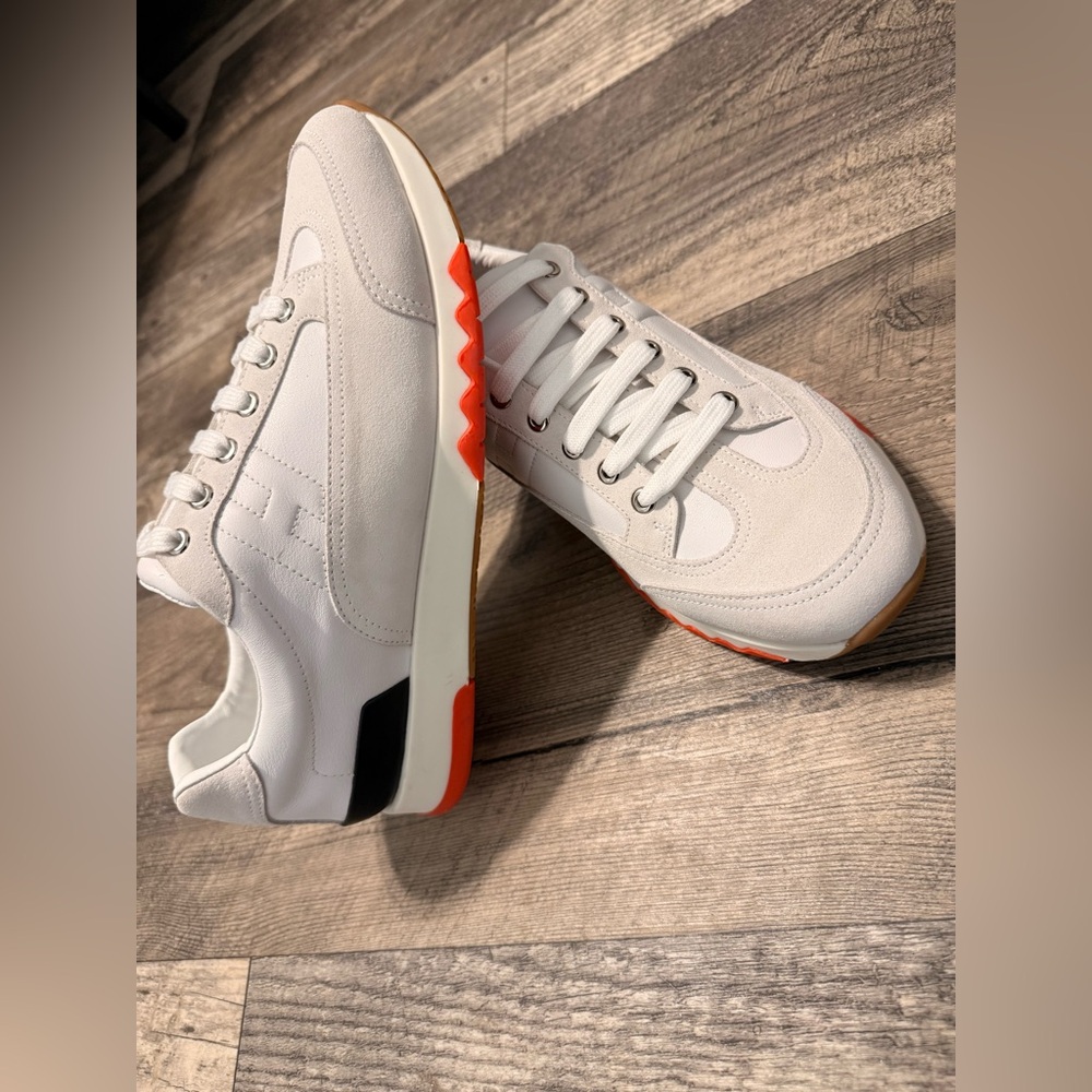 Hermes White Sneakers with Orange and Black Accents